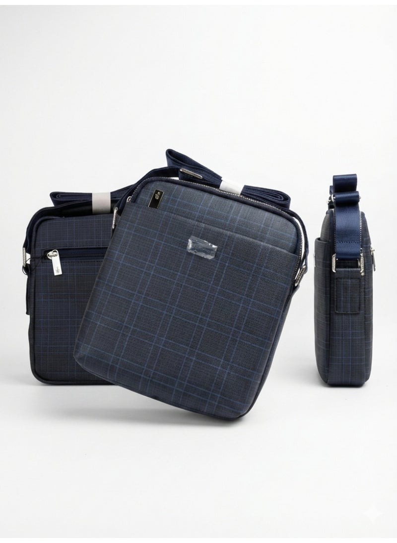 Lacoste Men's Vertical Crossbody Messenger Bag – Navy Blue Windowpane Check - Image 4